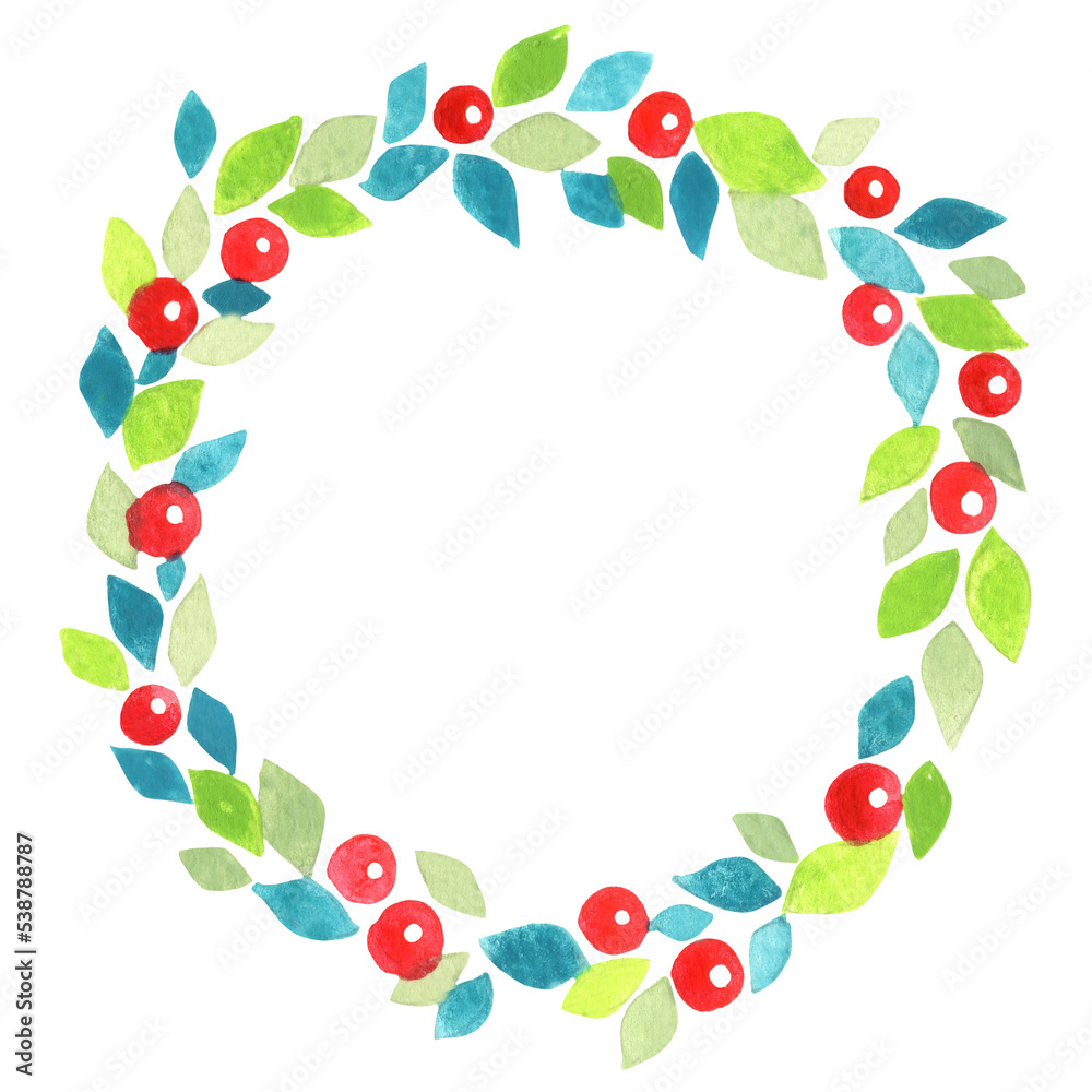 Green leaves with red berry wreath watercolor for decoration on Christmas holiday and wedding event.