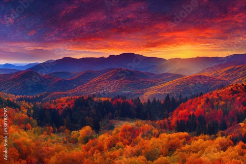 Autumn panorama of the valley. Autumn in mountain valley. Beautiful autumn in mountain valley. Mountain valley in autumn