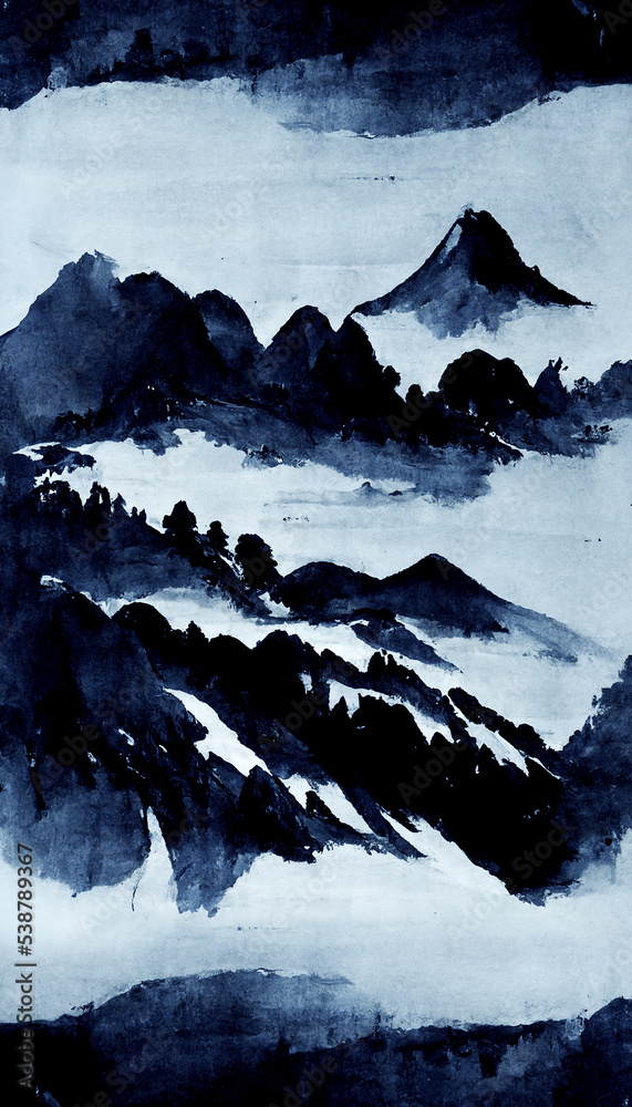 sumi-e painting of Asian traditional mountain landscape