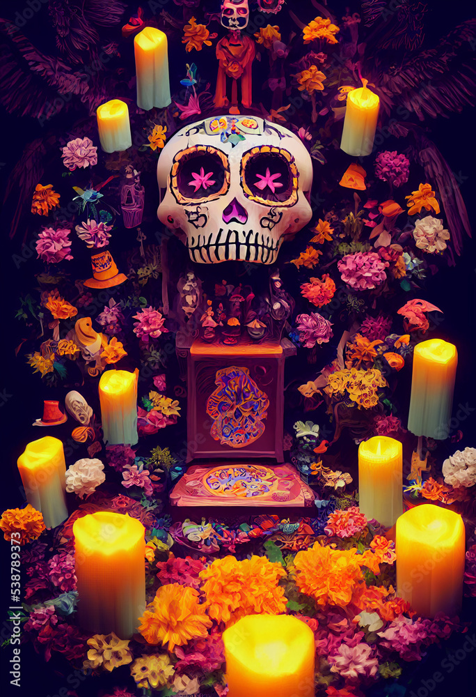 Mexican day of the dead altar with bread and sugar skulls. Isometric altar. Day of the deads