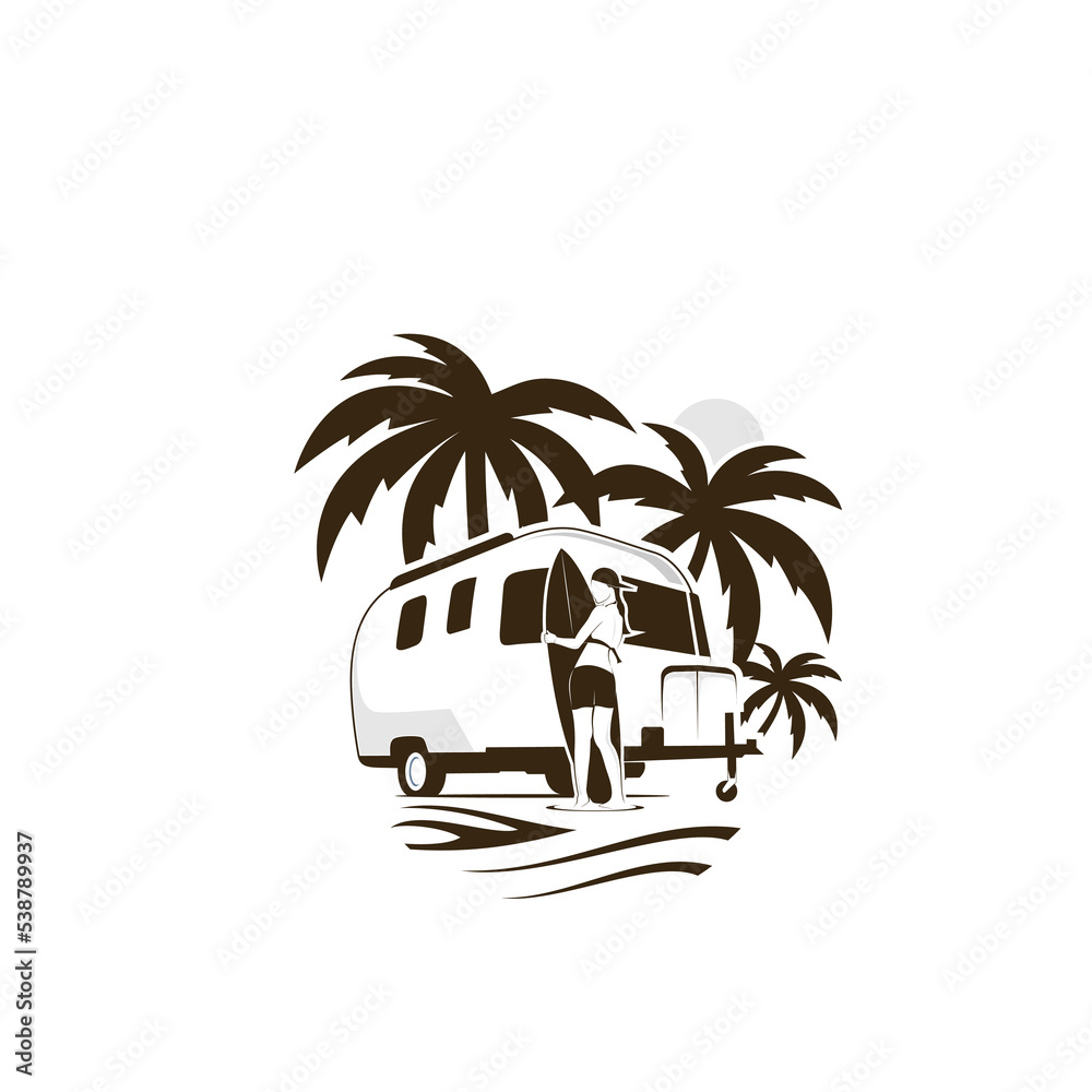beach trailer and woman surfing logo