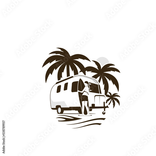 beach trailer and woman surfing logo