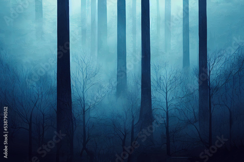 Illustration of dark forest in a blue mist at night background.