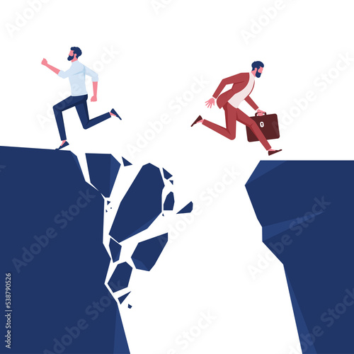 Businessman successful jumping over the cliff to new area while others business man discourage to fighting photo