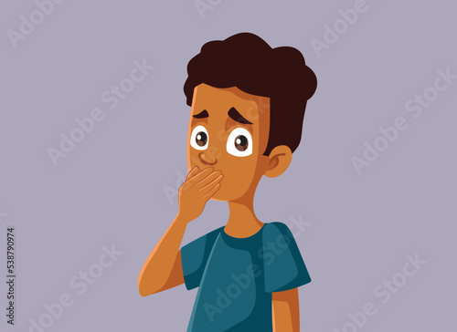 Surprised Teen Boy Covering His Mouth Vector Cartoon Illustration. Stressed teenager feeling afraid and in a panic state
