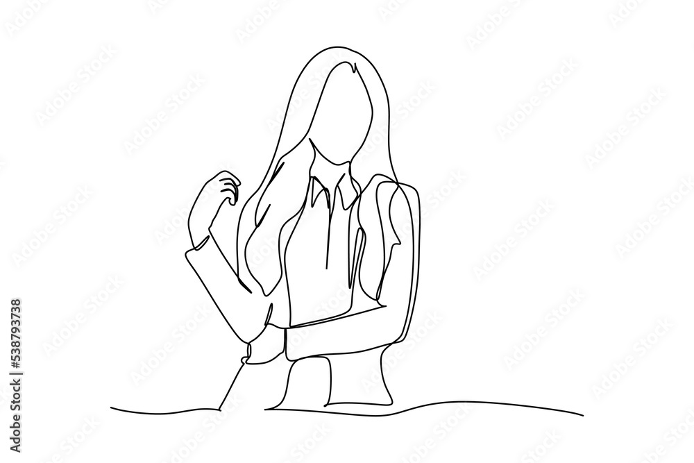 Single one line drawing smiling attractive business woman in her office standing with confident. Female enjoying work from home office. Continuous line draw design vector illustration