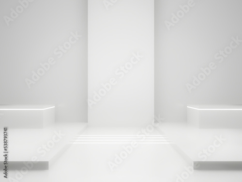3D White Sci-Fi product display mockup. Scientific podium with white neon lights.