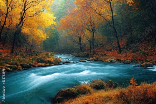 A river in a mountain canyon in autumn. Forest stream in autumn mountains. Autumn in mountain forest. Autumn mountain forest landscape