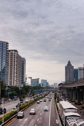 View of Jakarta rush hour traffic in a busy city  urban scenery  Indonesia