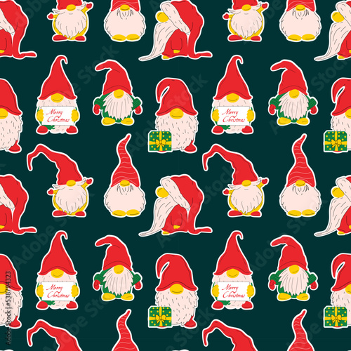 seamless pattern with Set of Cute stickers Christmas gnomes vector illustration on dark background	