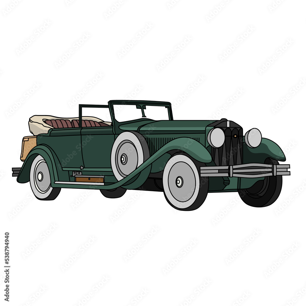 Green classic retro car with transparent background