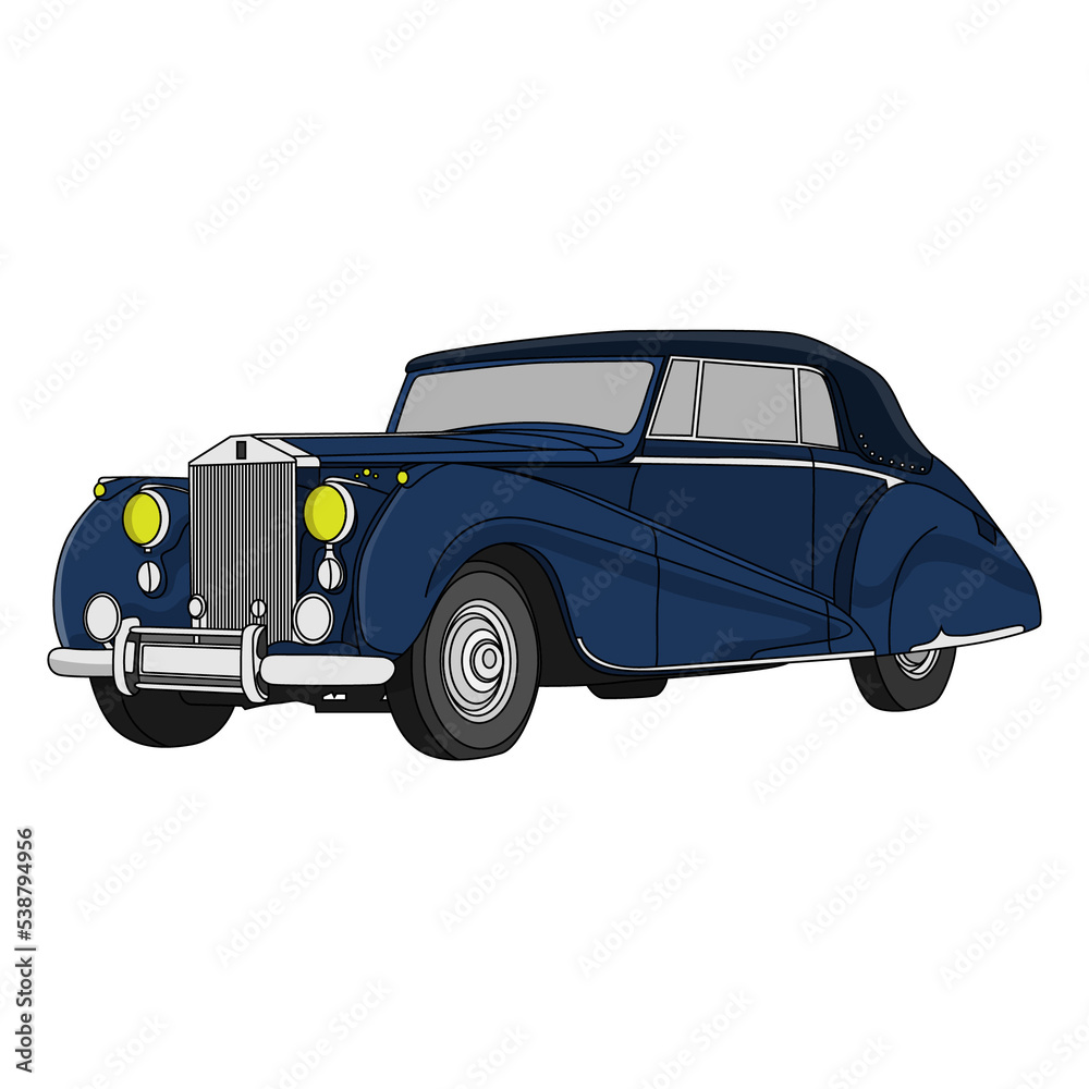 Blue classic retro car with transparent background