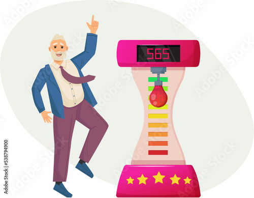 Excited man celebrating win at automotive boxing game machine