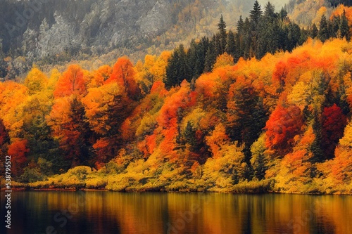 Autumn landscape of a mountain lake. Mountain forest lake in autumn. Autumn lake landscape. Mountain lake in autumn