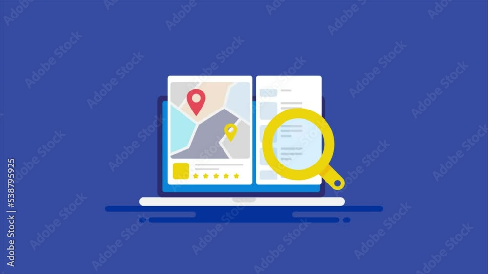 business address information with customer review on laptop screen, map location on search engine concept. business address information with customer review on laptop screen, map location on search engine concept.