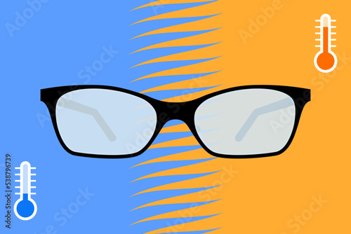 Eyeglasses with fogged lenses, and thermometer icons