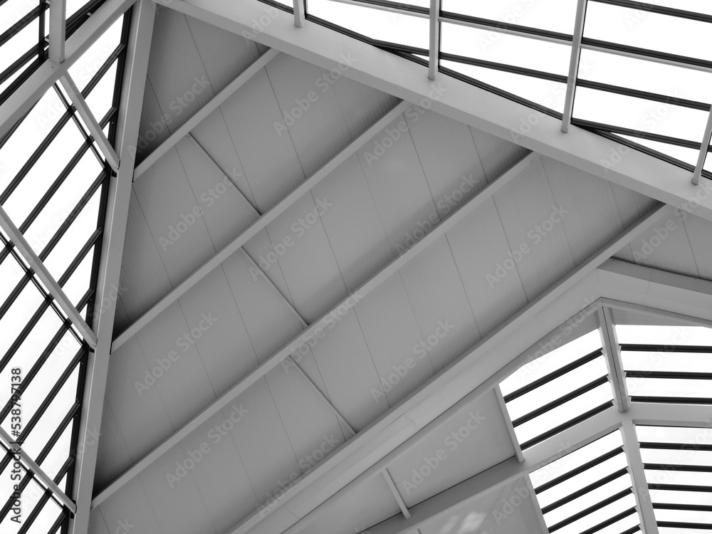 ceiling of a modern building, black and white photography