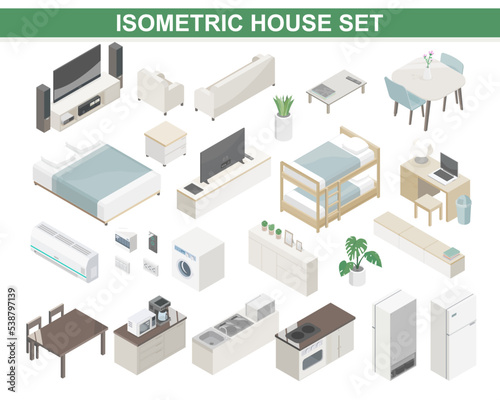 smart house livinge bed kids kitchen room interior quipment component isometric object vector wite tan color on white blackground isolate