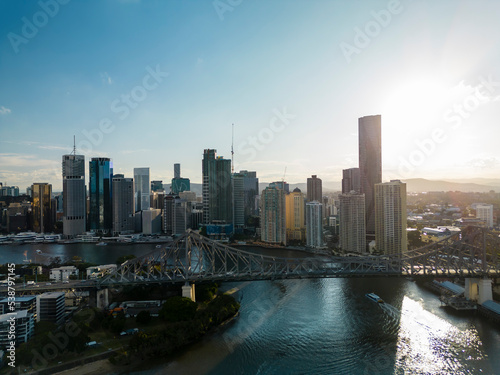 Aerial view of Brisbane city in Australia at sunset