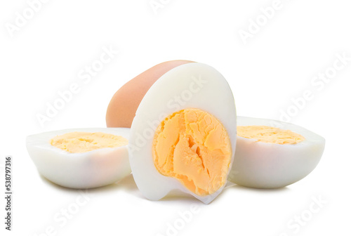 Close up of boiled chicken egg with peeled halves isolated on white background with clipping path, Selective focus photo