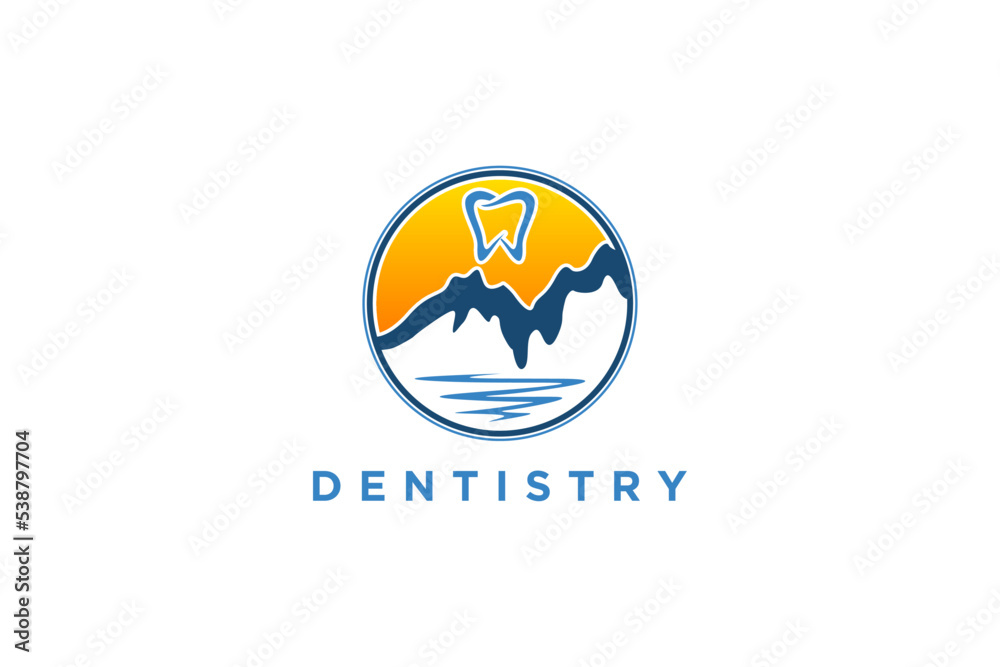 Mountain outdoor logo design dental illustration water lake rounded shape illustration emblem badge Mountain outdoor logo design dental illustration water lake rounded shape illustration emblem badge