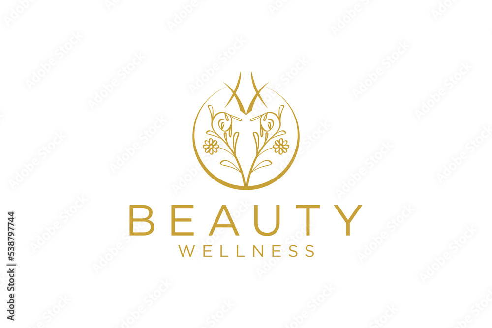 Gold flower logo design icon illustration bloosom beauty spa symbol nature tree wellness