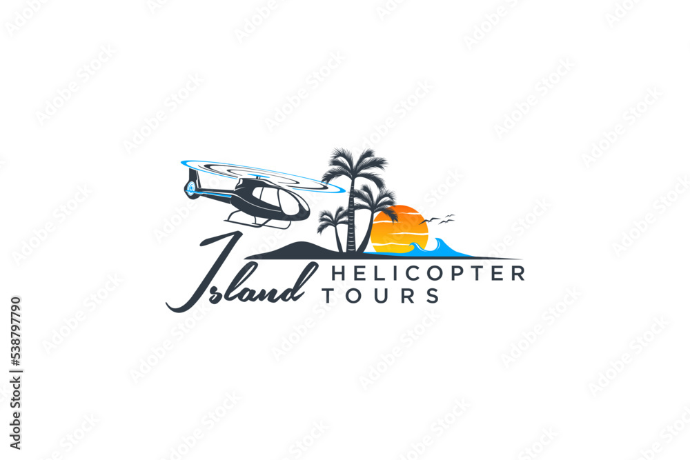 Beach island logo design helicopter travel emblem badge icon palm tree sunset scene