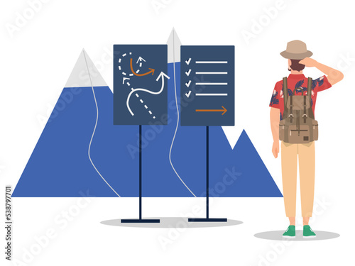 Confused hiker or visitor itching head. Confused person seeing map and watching complicated road map and person standing in front three road junction. He isn't finding road. worried about road map.