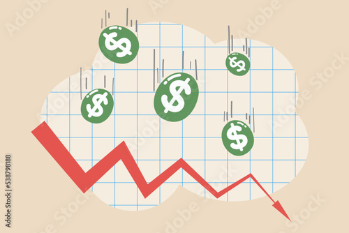Cash loss graph. Finance inflation schedule, money loss and decrease in income. Trader loss data, budget losses graph or investment bankruptcies isolated vector illustration