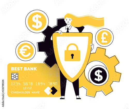 Credit card security, online banking operations, financial savings protection, payments, mobile data. Vector characters flat cartoon illustration. photo