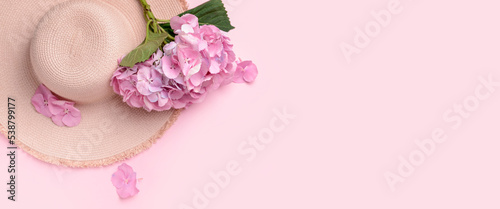 Beautiful hydrangea flowers and hat on pink background with space for text