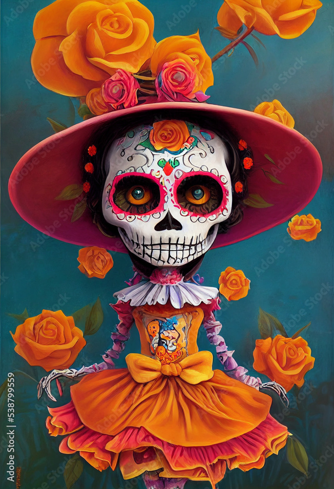 Illustrazione Stock Cute Catrina doll draw. Catrina doll in a cartoon