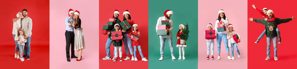 Set of happy people on color background. Happy New Year and Merry Christmas