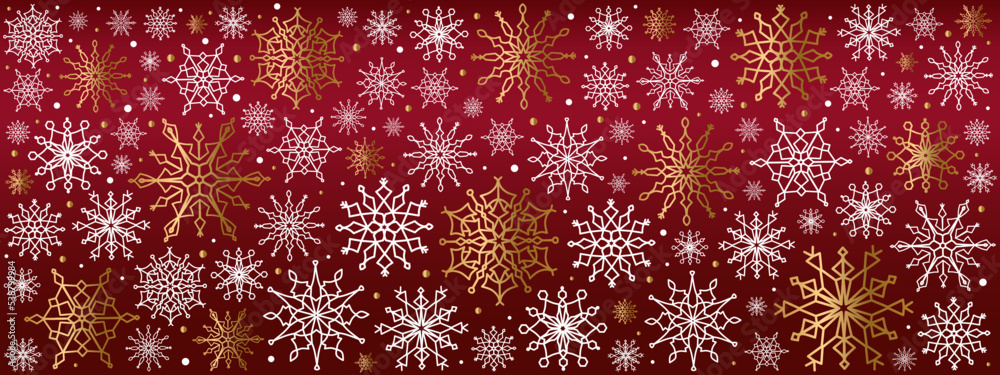 Red background with golden and white snowflakes. Red background with golden and white snowflakes.
