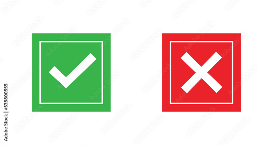 Acceptance and rejection symbol vector. Green check mark and red cross.