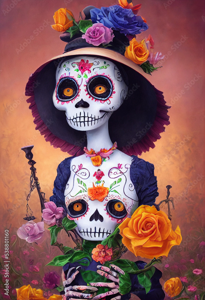 Cute Catrina doll draw. Catrina doll in a cartoon style. Catrina with