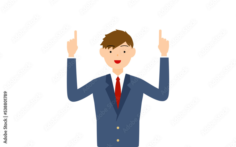 男子生徒、ブレザーの制服、両手で上を指さす