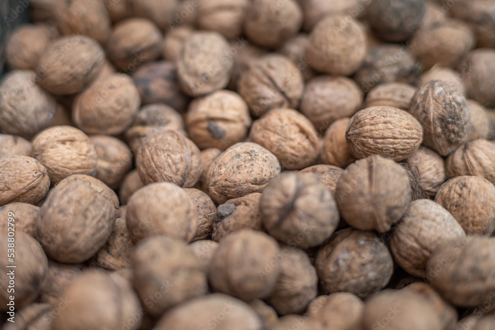 Pile of raw walnuts on the stock, close up. Pile of raw walnuts on the stock, close up.