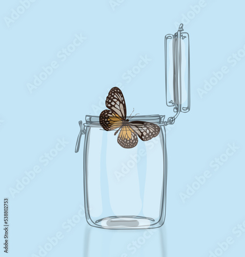 A butterfly is flying away from a transparent glass jar on a blue background, realistic minimalistic illustration vector 