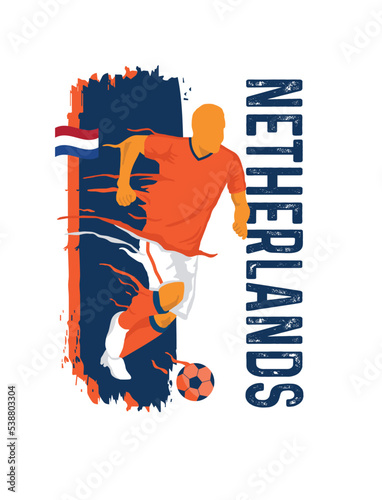VECTOR. Editable poster for the Netherlands football team, soccer player, uniform, flag