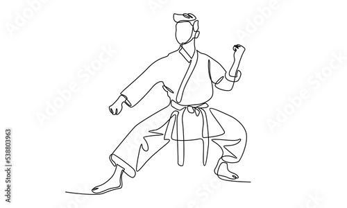 continuous line of man in kimono practicing karate combat. Martial art sport training concept