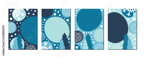 Set of blue winter christmas social media stories design templates, backgrounds with copy space for text winter landscape with abstract snowfall. Abstract Christmas Cards with fir trees and snowstorm