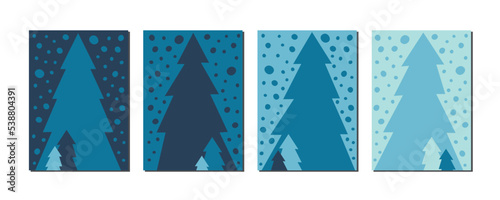 collection of simple flat and abstract fir trees design with snow and snowfall, for social media stories, advertising and christmas cards with copy space for text, DIN A6