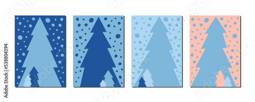 collection of simple flat and abstract fir trees design with snow and snowfall, for social media stories, advertising and christmas cards with copy space for text, DIN A6