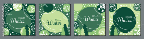 Vector set of colourful social media stories design templates, backgrounds with copy space for text winter landscape with abstract snowfall. Abstract Christmas Cards with fir trees and snowstorm