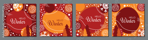 Vector set of social media stories design templates, backgrounds with copy space for text christmas and winter landscape. Winter background with snowflakes and fir trees