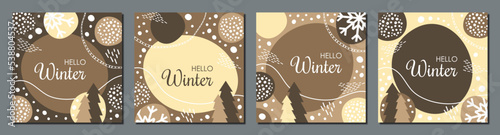 Vector set of colourful social media stories design templates, backgrounds with copy space for text christmas and winter landscape. Winter background with snowflakes and fir trees