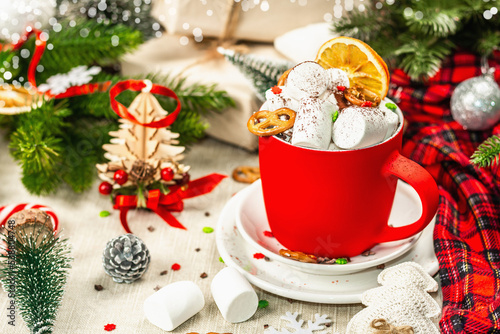 Hot cocoa or chocolate with marshmallows. Christmas traditional decor, New Year festive arrangement