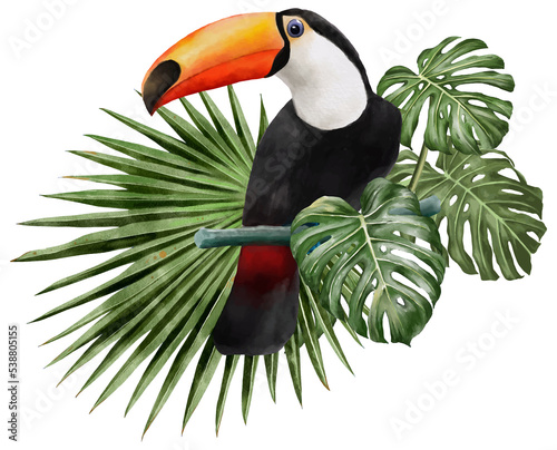 Obraz na płótnie illustration watercolor of toucan bird and leaves. w salonie