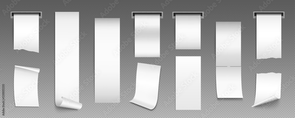 Blank white paper receipts in slot of pos or atm machine. Empty cash checks of purchases in store or supermarket, payment bills mockup isolated on transparent background, vector realistic set Blank white paper receipts in slot of pos or atm machine. Empty cash checks of purchases in store or supermarket, payment bills mockup isolated on transparent background, vector realistic set
